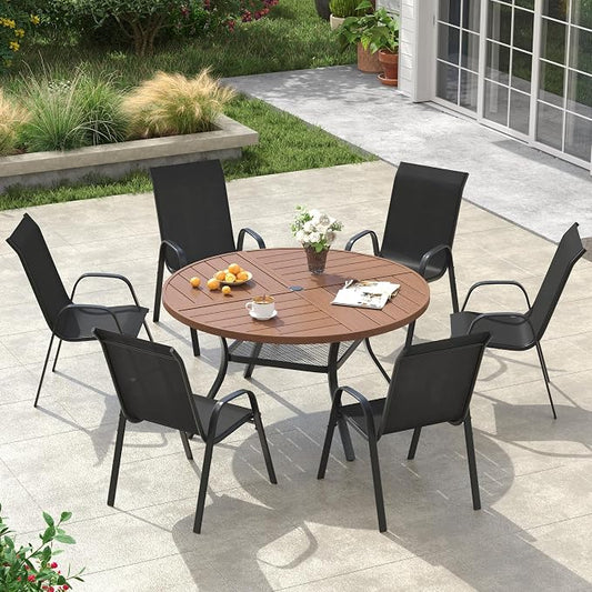 VICLLAX Round Outdoor Patio Dining Set for 6, Metal Slatted Patio Table with Umbrella Hole and 6 Stackable Patio Chairs for Deck Lawn Garden, Black Fabric and Walnut Tabletop