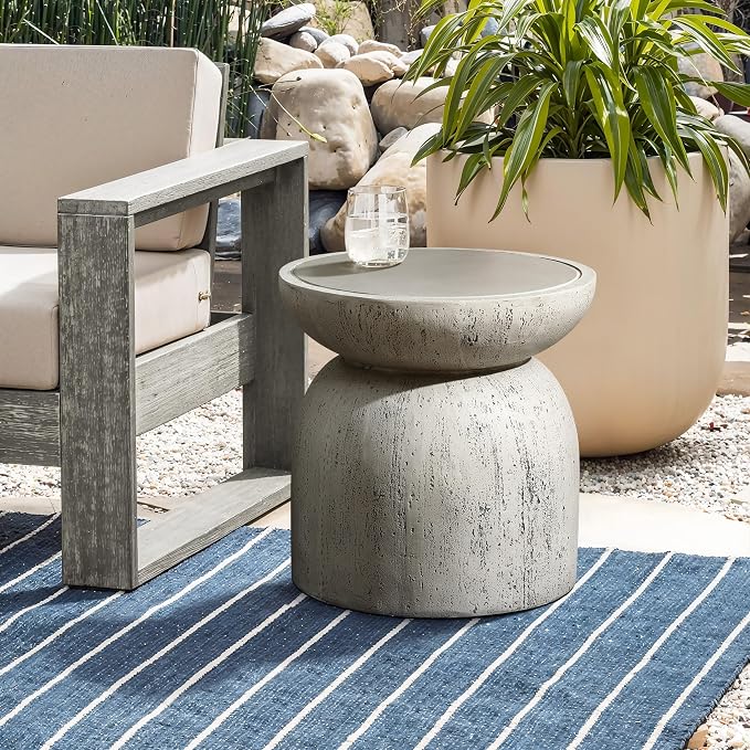 LuxenHome 16" Outdoor Side Table, MgO Rustic End Tables for Patio,Off White and Gray Weathered Round Table, Small Accent Table for Indoor Outdoor Use, Decorative Garden Stool