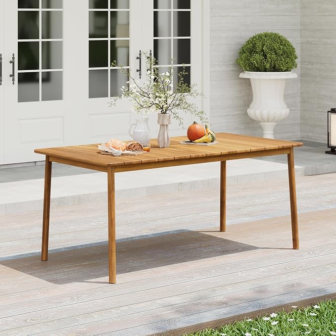 Christopher Knight Home Kegy 67" Patio Acacia Wood Dining Table with Slatted Tabletop, Outdoor Farmhouse Rectangular Dining Room Table for 6 Persons, Teak
