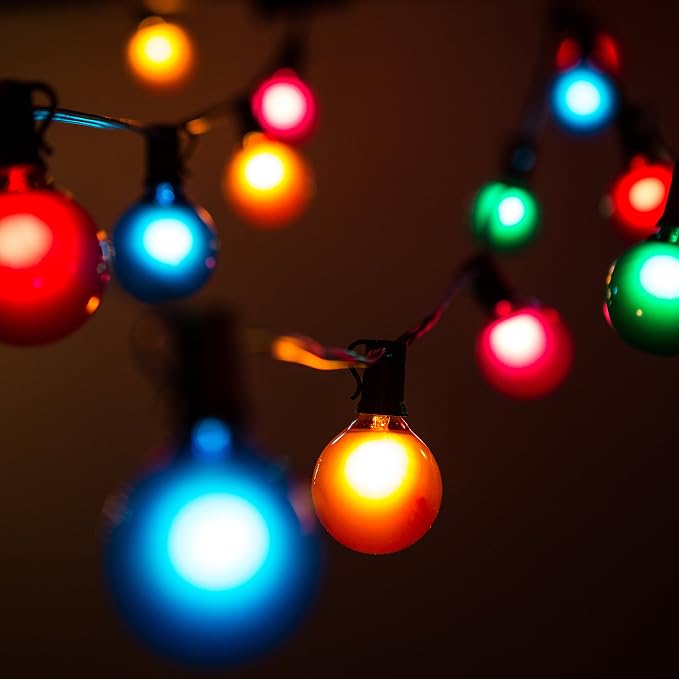25 Foot Outdoor Colored String Lights with G50 Assorted Bulbs – Black Wire | G50 Assorted Satin Pearl 2 Inch Globe Bulbs for Patio Balcony Awning Canopy and Party Lighting