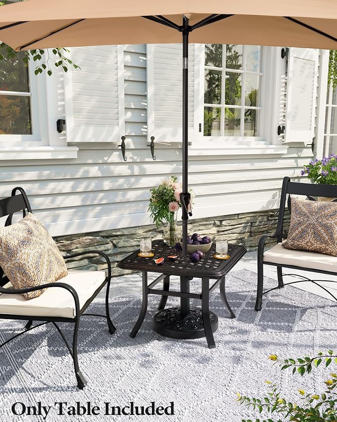 Crestlive Products Cast Aluminum Patio Side Table Outdoor Square Anti-Rust Small Table with Umbrella Hole, Coffee Bistro Table，Market Umbrella Table, 24’’x 24’’, Black with Bronze Spot