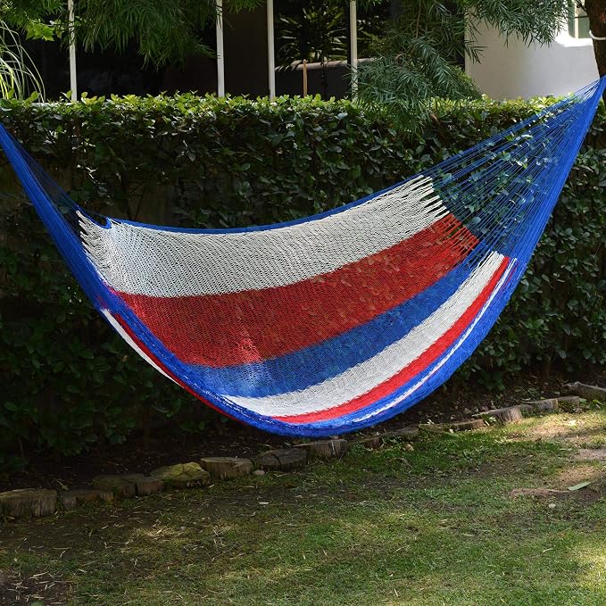 NOVICA Red White and Blue Striped Hand Woven Nylon Mayan 1 Person Patriotic Rope Hammock with Hanging Accessories, 'Patriotic' (Single)