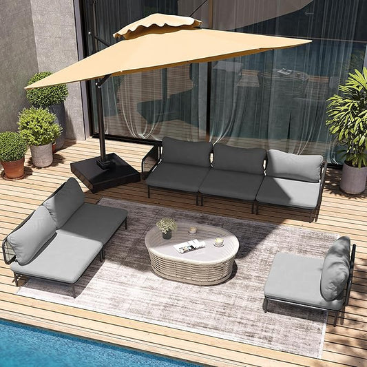 6 Piece Modern Outdoor Sectional Sofa, 31" Oversized Patio Furniture Set with Olefin Woven Rope, Weather-Resistant Metal Frame and Removable Cushion, Dark Grey