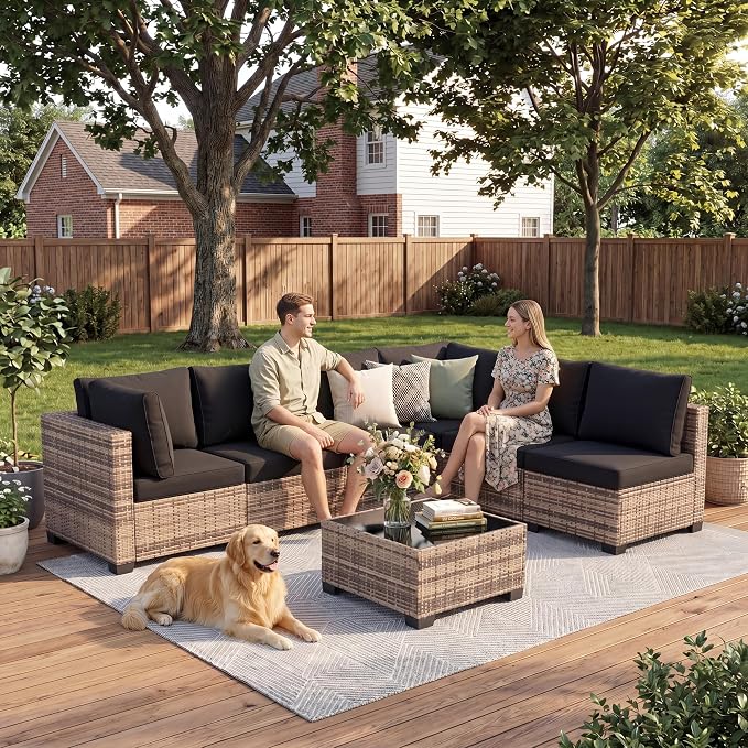 7-Piece Modular Outdoor Sectional Wicker Patio Furniture Set | All-Weather Conversation Set w/ Glass Coffee Table for Backyard, Garden, Poolside (Natural PE Rattan + Black Cushions)