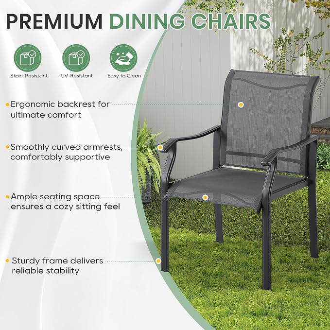 LVUYOYO 7-Piece Outdoor Patio Dining Set, Textilene Dining Chairs & Rectangular Table Set, All-Weather Table and Chairs Set with Umbrella Hole for Backyard, Garden,Balcony,Porch (Gray)
