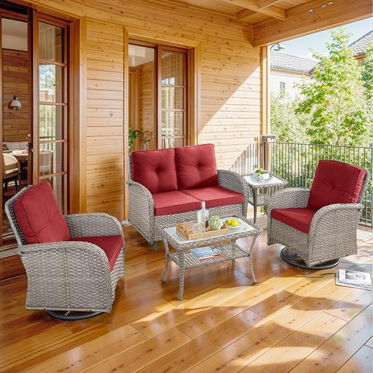 5 Piece Patio Furniture Set - Wicker Patio Conversation Set with Swivel Glider, Glider Loveseat, Tempered Glass Side Table and Coffee Table for Deck Backyard - Grey Wicker Red Cushion