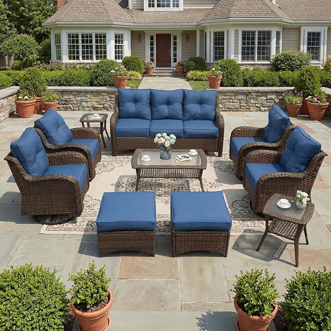 Luxury Patio Conversation Set, 10-Piece Ergonomic High Back Wicker Sofa&Swivel Chair Set with 6-Inch Deep Seating Cushions, Large Patio Furniture Set for Garden, Deck & Balcony, Navy Blue