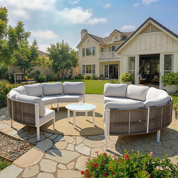 Crestlive Curved Patio Furniture Set, Modular Half Moon 8-Seater Sofa with Round Coffee Table, Aluminum Outdoor Sectional with 4.3" Cushions, All-Weather Couch for Backyard, Deck, Porch, Poolside