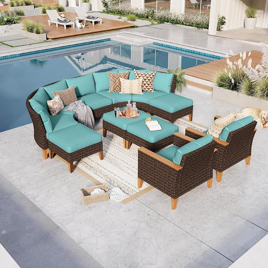 GREEN PARTY 11 Pieces Wicker Patio Furniture Set, All-Weather Outdoor Rattan Half-Moon Curved Patio Sectional Sofa Conversation Set 11 Seats with 4" Thick Cushions for Backyard, 2 x Ottomans (Blue)