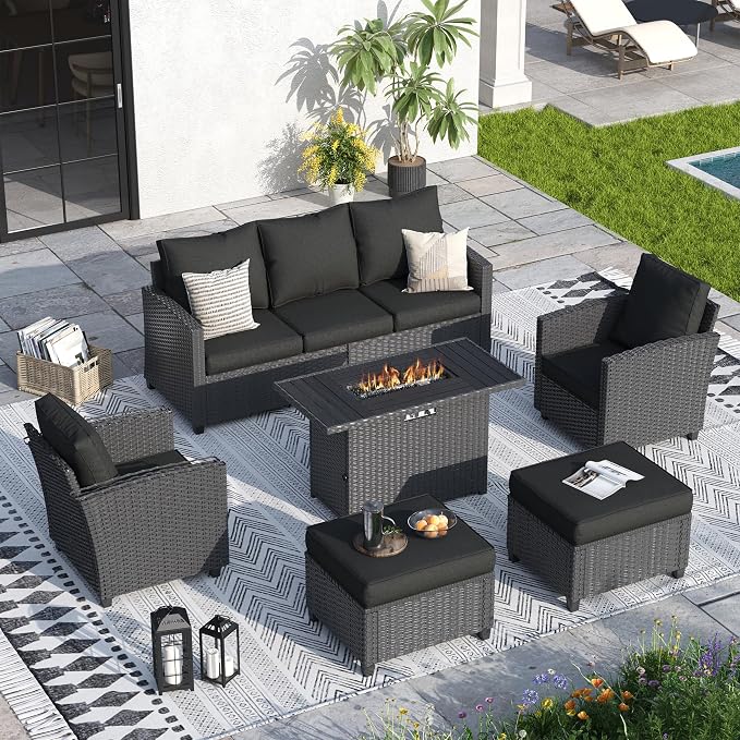 6 Pcs Patio Furniture Set with 44" Propane Gas Fire Pit Table, Rattan Outdoor Couch with Ottomans, 4" Thick Cushions for Backyard Garden Deck.Black