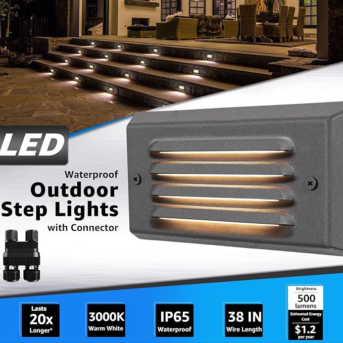 SUNVIE 5W Low Voltage Step Lights 6 Inch Outdoor Brown Cast-Aluminum 8-Pack | Landscape lights, 12-24V AC/DC, 3.2FT ETL Listed Wire, with Fastlock2 Connectors, Horizontal Louver, for Step Stairs, Fences