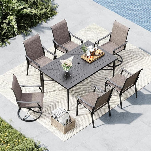 MFSTUDIO Outdoor Patio Dining Set for 6, Outdoor Patio Set with 64"x 39" Metal Table, 4 Fixed and 2 Swivel Patio Chairs, Heavy Duty Outdoor Dining Table and Chairs for Patio Lawn