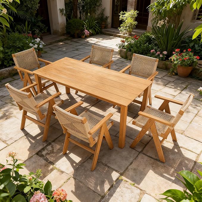 68.9” Outdoor Dining Table, Wooden Patio Table, Outdoor Furniture with Umbrella Hole, 6 Seater Outside Table for for Garden, Poolside & Backyard,BBQ ect. (Teak Color)