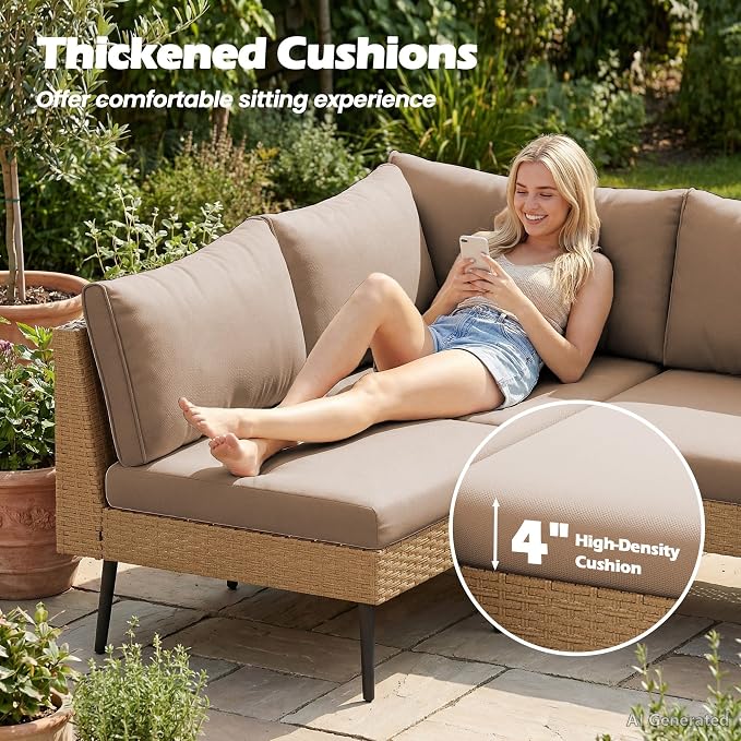 Vikiullf Outdoor Wicker Sectional Sofa Set, L-Shaped Patio Conversation Set with 4" Cushions, Boho Rattan Furniture for Backyard Poolside Deck (Khaki, 8 Pieces)