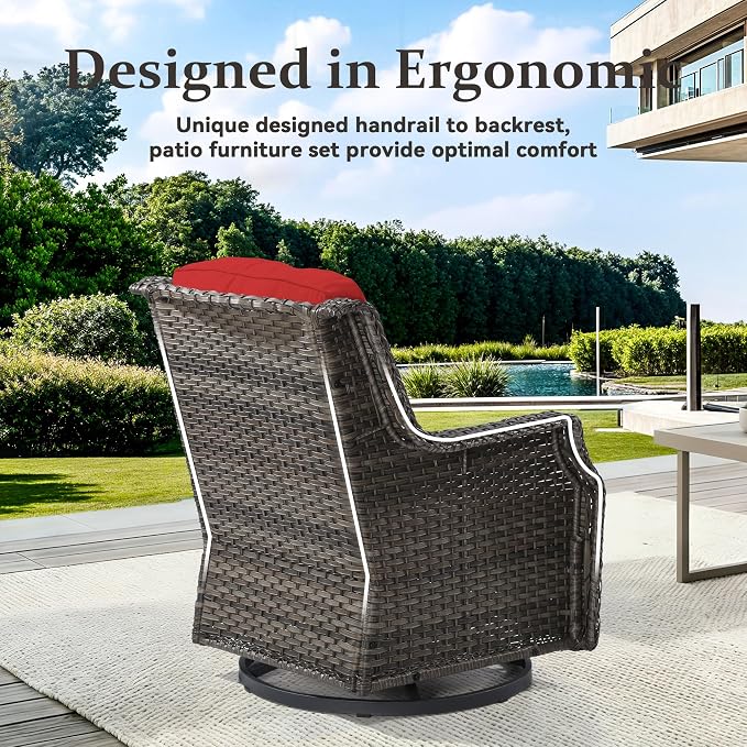 4 Pieces Patio Furniture Set, Outdoor Furniture Set with 2 Patio Swivel Rocking Chairs, 2 PE Rattan Ottoman, Thick Cushions, Ideal for Backyard, Garden, Poolside, Red