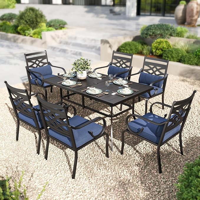 PHI VILLA Patio Dining Set, Metal Table | Metal chairs, Blue Cushion, Umbrella Hole, Cushions, E-coated