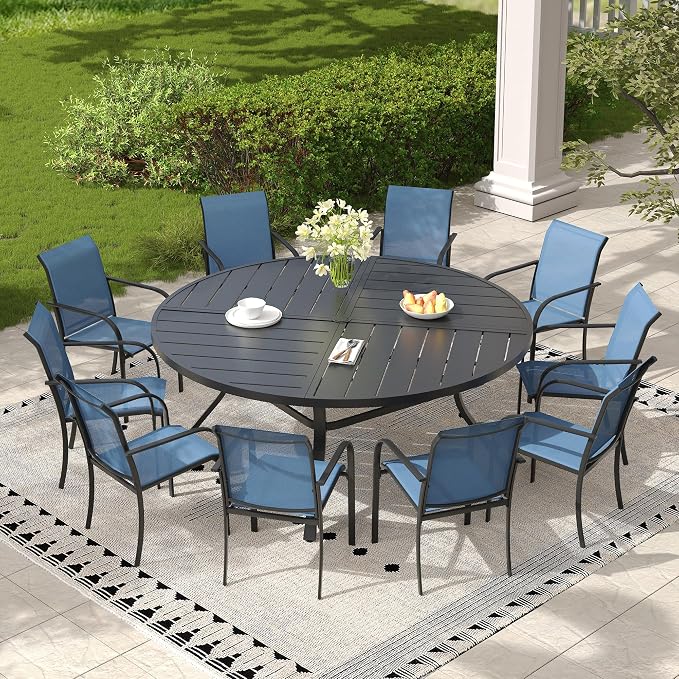 11 Pieces Outdoor Dining Set, Stackable Textilene Paito Chairs & 63.1" Round Dining Table with Umbrella Hole, Patio Dining Set for Backyard, Deck, Garden, Dark Blue & Black