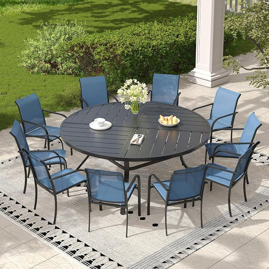 11 Pieces Outdoor Dining Set, Stackable Textilene Paito Chairs & 63.1" Round Dining Table with Umbrella Hole, Patio Dining Set for Backyard, Deck, Garden, Dark Blue & Black