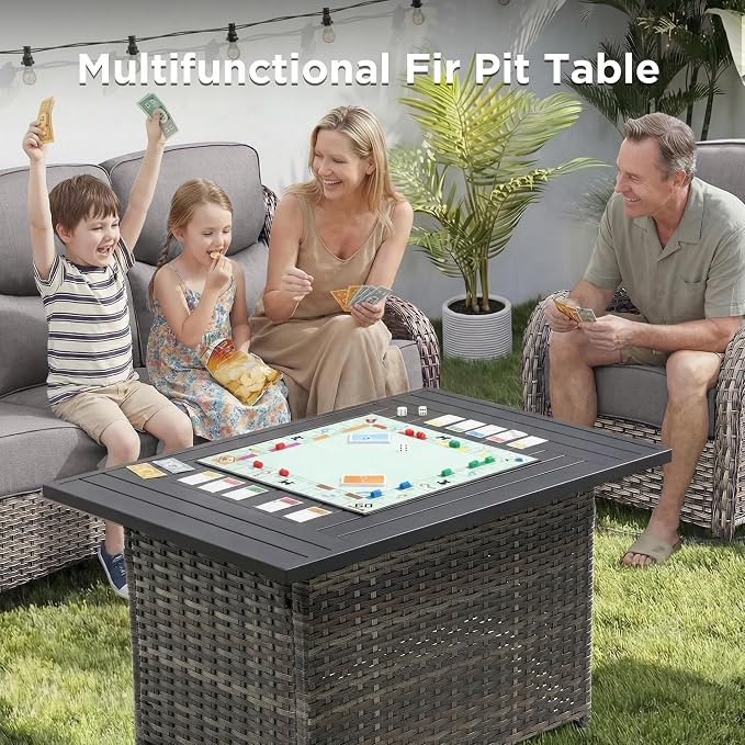 Luxury Patio Furniture Set with Fire Pit Table-10 Pieces All Weather Outdoor Swivel Rocker Chairs with Sofa and Ottomans. Outdoors Patio Conversation Sets for Porch Deck Garden(Grey/Grey)
