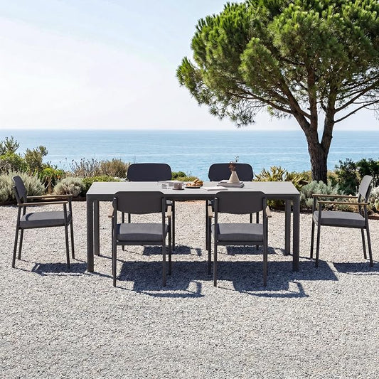 Modern Shade Luxury Outdoor Dining Set for 7, Outdoor Table and Chairs Set with Fade Resistant Cushions & FSC Teak, Premium Aluminum Patio Table and Chairs Set for Elegant Outdoor Living, Gray