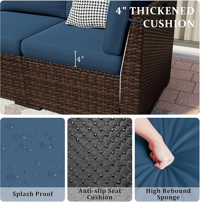 Patio Furniture Set, 5 Pieces Outdoor Sectional Sofa Set, PE Wicker Rattan Slanted Back Outdoor Conversation Set with Cushions and Glass Coffee Table, Navy Blue
