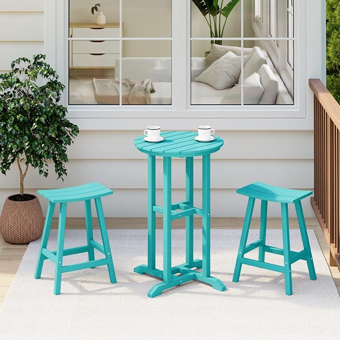 Costaelm Outdoor Bar Table, 37" Counter Height Round Patio Cocktail Bar Table, Patio Bar Table 3-Pieces Set Bistro Dining Table Pub Table for Deck, Backyard, Garden, Turquoise