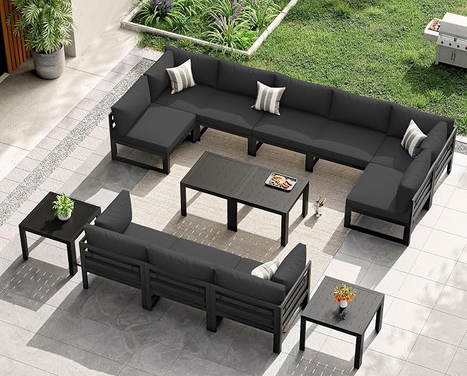 NICESOUL 14 Piece Extra Large Modern Aluminum Patio Furniture Set, Modular Outdoor Conversation Set with Coffee Table, 500 lbs Heavy Duty Comfortable Sectional Sofa for Poolside Exterior, Black