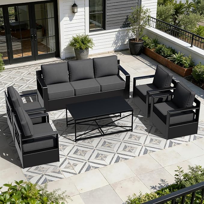 Outdoor Aluminum Furniture Set, 6-Piece Patio Conversation Set, 4 Chairs 1 Sofa and 1 Table, All-Weather Metal Frame, 6" Thick Removable Cushions, Deep Setting for Garden, Poolside and Porch