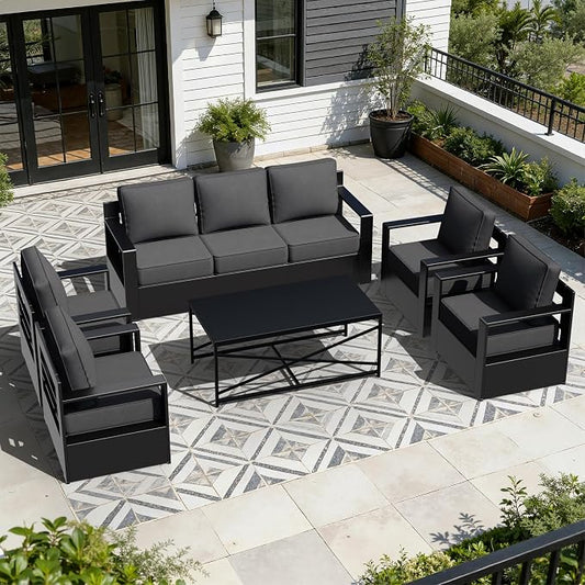 Outdoor Aluminum Furniture Set, 6-Piece Patio Conversation Set, 4 Chairs 1 Sofa and 1 Table, All-Weather Metal Frame, 6" Thick Removable Cushions, Deep Setting for Garden, Poolside and Porch