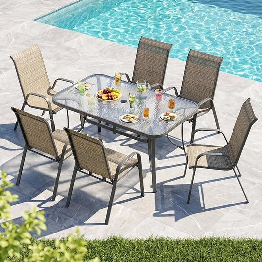 MAMIZO 7 Pieces Patio Dining Set for 6, Outdoor Table and Chairs w/Rectangle Glass Table and 6 Textilene Stackable Chairs, Patio Furniture Set w/1.69" Umbrella Hole (Grey Table & Brown Chair)
