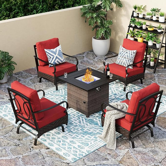 Patio Furniture Set with 32" Fire Pit Table, Patio Conversation Sets 4 Rocking Chairs with Thick Cushion and 50000 BTU Fire Pit Table (5 Pieces,Red