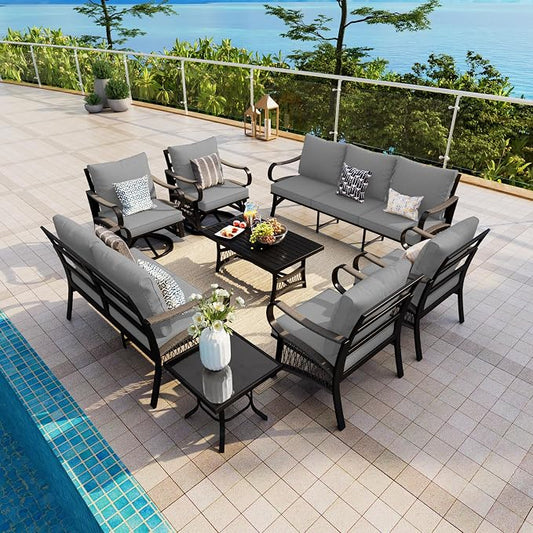 8 Pieces Patio Conversation Sets, All Weather Metal Outdoor Furniture Set with Swivel Rocking Chairs Set, Outdoor Furniture Set with Sectional Sofa Couch Loveseat (Gray Cushions)
