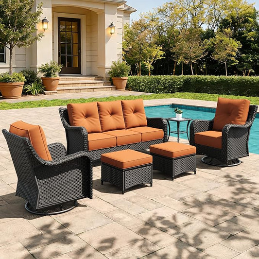 6 Pieces Outdoor Furniture Set with 6-inch Cushions, High Back Wicker Swivel Rocker Chairs with Coffee Table, Luxury Conversation Set for Deck Patio and Poolside