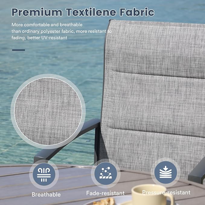 VICLLAX Patio Dining Set for 6, 6 Seats Outdoor Furniture Includes 50.1" Round Patio Table and Swivel Padded Chairs, Grey Wood Grain Tabletop and Grey Fabric
