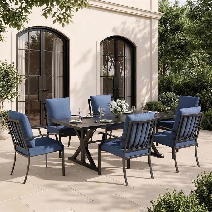 7 Piece Outdoor Dining Set for 6, Metal Patio Table and Chairs with Cushions, Patio Furniture Set with 6 Stackable Chairs, Rectangular Metal Dining Table with Umbrella Hole, Lawn Deck Yard-Navy