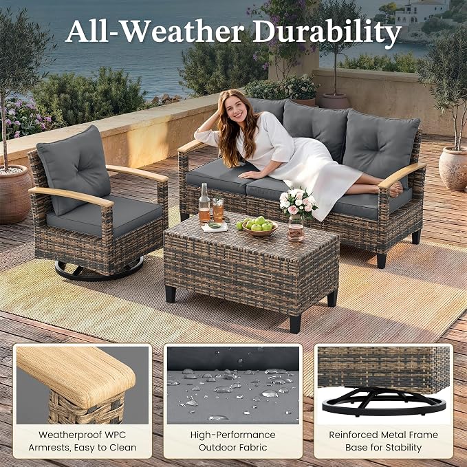 UDPATIO Patio Furniture Set, 6 Pieces Outdoor Wicker Conversation Set with 2 Ottomans & Storage Table for Lawn, Porch, Garden, Backyard, Grey