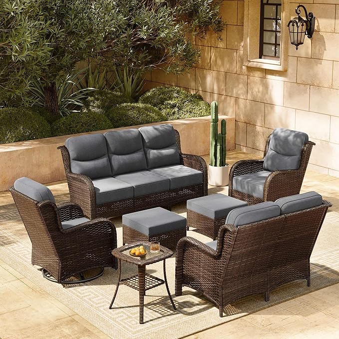 HILLGA 7-Piece Luxury Patio Furniture Set with 6" Thick Cushions, Weather-Resistant Wicker High Back Swivel Rocker Chairs, Senior-Friendly Outdoor Loveseat Set for Large Deck and Poolside, Gray(V2)