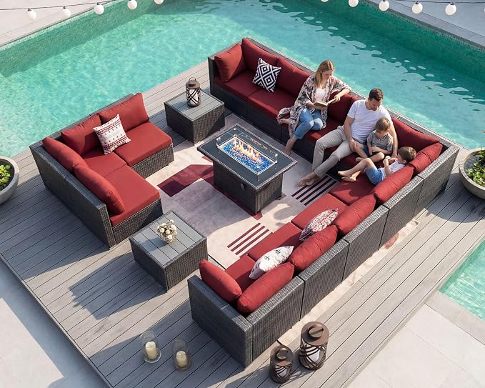 NICESOUL 15 Piece Outdoor Patio Furniture Set with Fire Pit, Extra Large Wide Outdoor Deep Seated Sectional, Cozy 29.3'' High-Back Modular Couch, 500 Lbs High Weight Capacity Wicker Sofa, Gray & Red