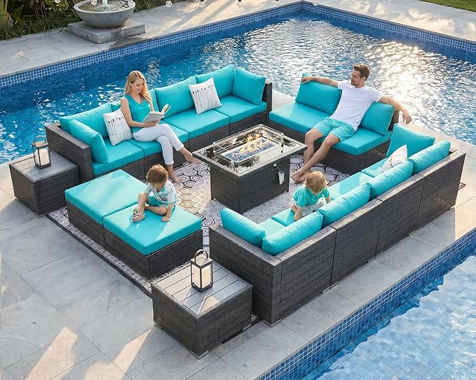 NICESOUL 15 Piece Outdoor Sectional with Fire Pit Table, Modern Luxury Patio Deep Seating w/Firepit, 29.3'' High-Back Wicker Couch Thick, Big High-Weight Capacity Sofa for Terrace, Yard, Gray & Teal