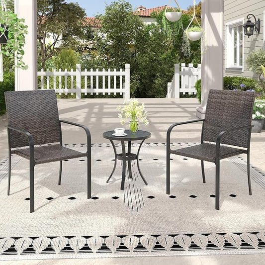 3 Pieces Patio Bistro Sets, 18.1" Small Round Outdoor Table and Wicker Stackable Patio Dining Chairs for Garden Backyard, Black