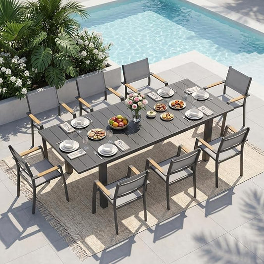 RoyalCraft Aluminum Outdoor Patio Table and Chairs Set with 91.33" L -39.37" W Expandable Dining Table, 9-Pieces Patio Furniture Set for 8, Patio Table Set with Stackable Quick Drying Chairs, Grey