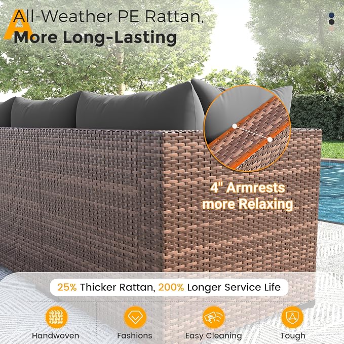 UDPATIO Furniture Set, 7 Piece Sectional Sofas with Wicker Coffee Table, Conversation for Garden, Backyard, Dark Grey