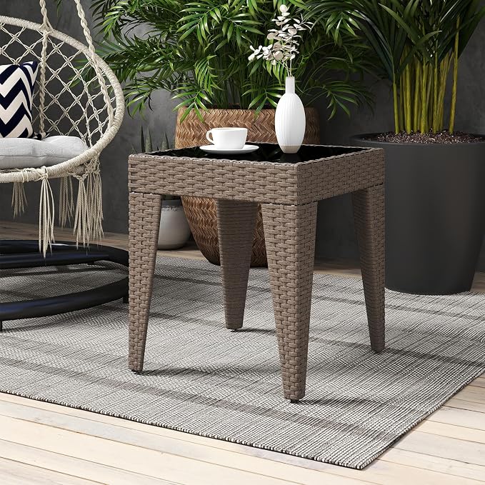 Outdoor Small Patio Table - PE Rattan Coffee Table, Wicker Side Table for Patio, Balcony & Porch, Durable & Iron Frame (2, Rattan Sesame)