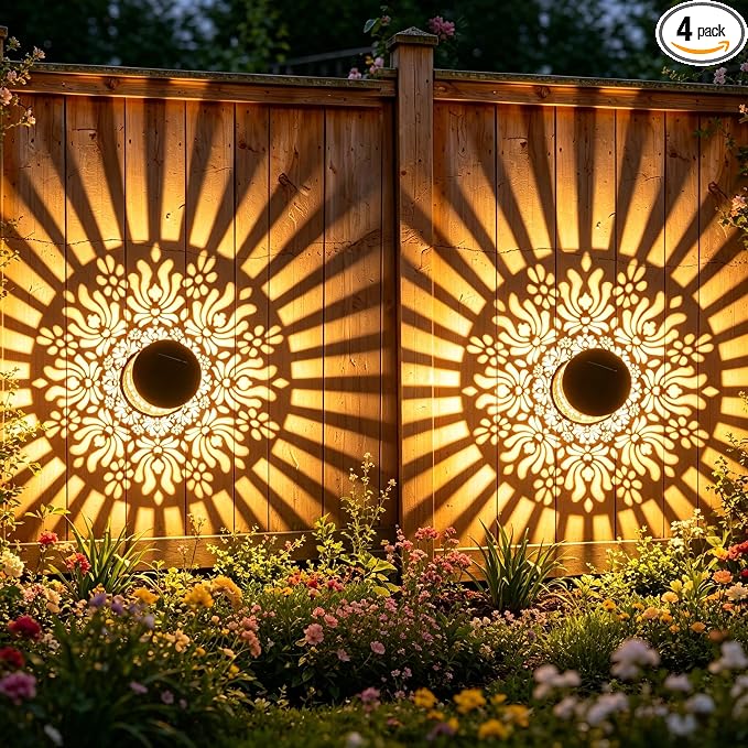 4 Pack Solar Fence Lights Outdoor, Decorative Solar Wall Lights with Peony Pattern, IP65 Waterproof LED Wall Sconce Lantern for Garden Yard Fence Decor, Patio Pathway, Gift for Women Mom