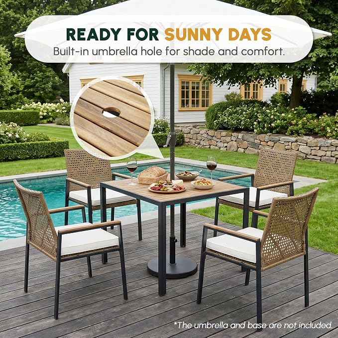 BEEFURNI Wicker Patio Furniture Dining Set, Outdoor Patio Table and Chairs Set, Rattan Outdoor Furniture Set, Acacia Wood Table, Chairs, Weather Proof Set for Porch, Backyard (Brown) (Brown, 5 PCS)