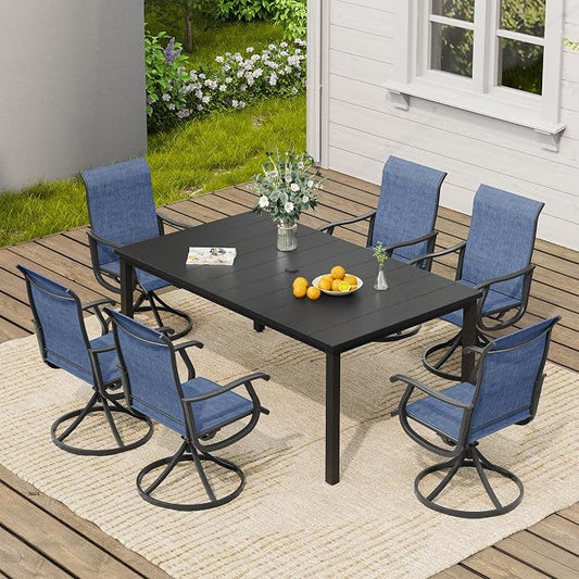 VICLLAX 7 Pieces Patio Dining Set, Patio Furniture Set of 6 Patio Swivel Dining Chairs and Rectangular Patio Table, Dark Blue Chairs & Black Tabletop