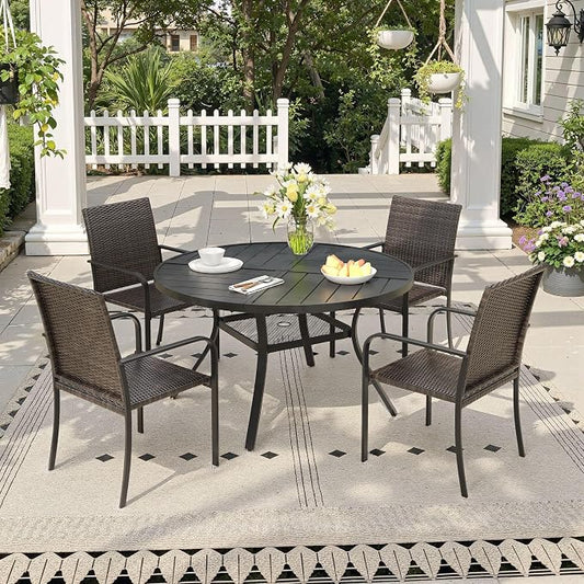 Outdoor Dining Set for 4, 40.7" Metal Round Outdoor Dining Table with Umbrella Hole and Wicker Stackable Patio Chairs, 5 Pieces Patio Table and Chairs Set for Garden Backyard, Black