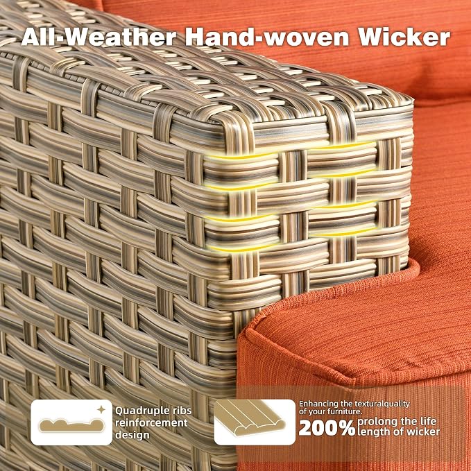CAODOC Patio Furniture Sets 12 Pieces Outdoor Sectional Rattan Sofa Manual Weaving Wicker Patio Conversation Set with Ottomans and T Cushion(Red)