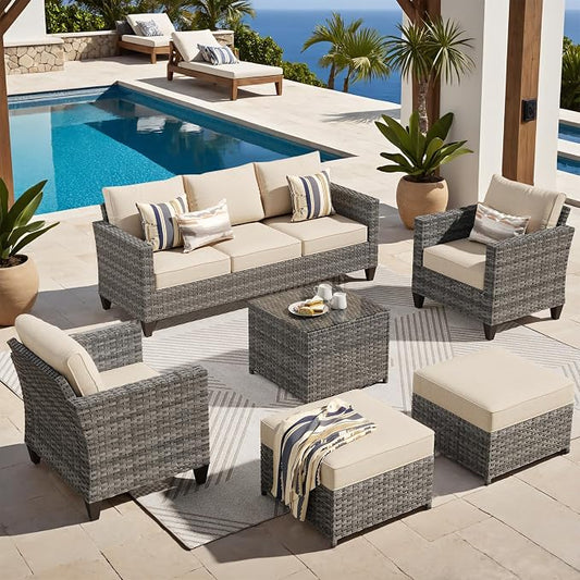 ovios 6 Pieces Patio Furniture Set, Outdoor Wicker Sofa Couch with Glass Table Comfy Cushions, All Weather Grey Rattan Conversation Set for Backyard Deck Porch, Beige