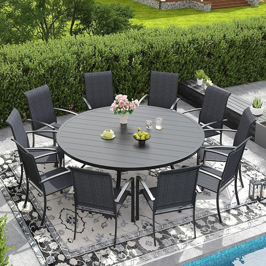 DIFY 11 Pieces Outdoor Dining Set for 10, 63" Round Dining Table with Umbrella Hole and Textilene Stackable Patio Chairs, Metal Patio Table and Chairs Set for Garden Backyard Poolside, Black
